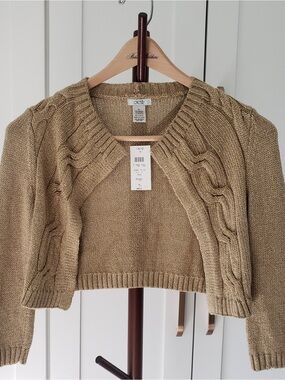 Cache Tan Cropped Cable Knit Sweater